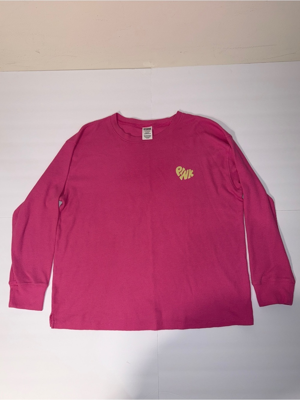 PINK Victoria's Secret Hot Pink Long-Sleeve Graphic Tee with Yellow Heart Logo